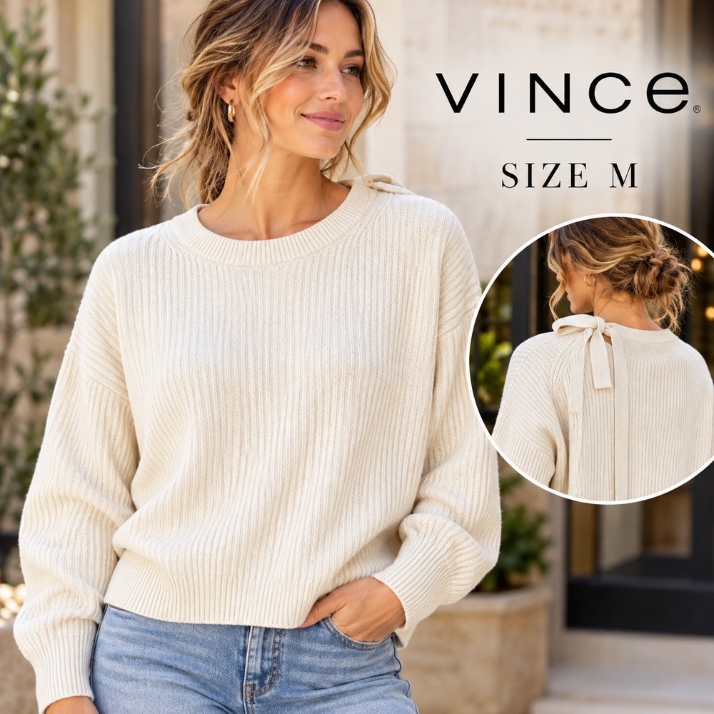 Vince Cashmere Cotton Pullover Sweater Womens M Cream Ribbed Tie Back Luxury